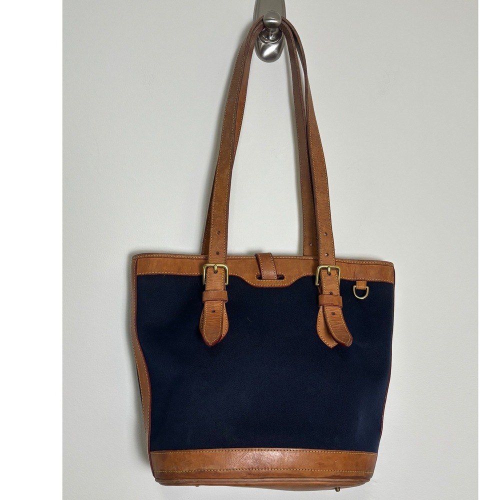 Dooney & Bourke Vintage Canvas Leather Tote Shoulder Bag Blue Tan Preppy Classic